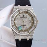 Diamond Audemars Piguet Royal Oak 15402 Watch With Black Leather Strap Best Replica 